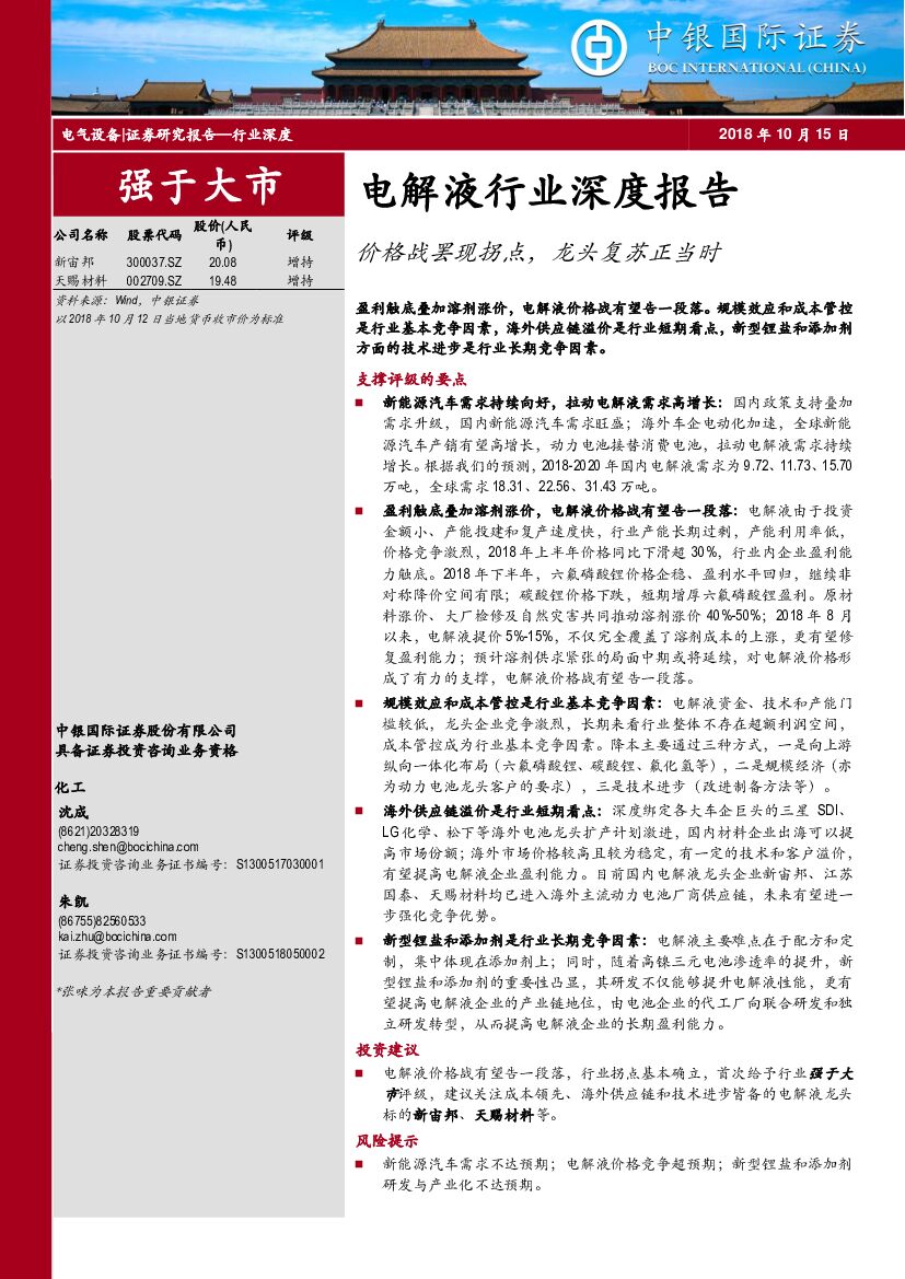 中银国际：电解液行业深度报告：价格战罢现拐点，龙头复苏正当时