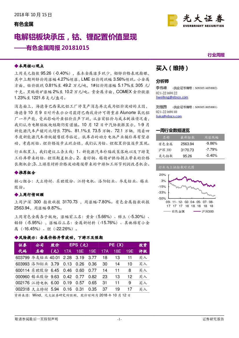 光大证券：有色金属周报：电解铝板块承压，钴、锂配置价值显现
