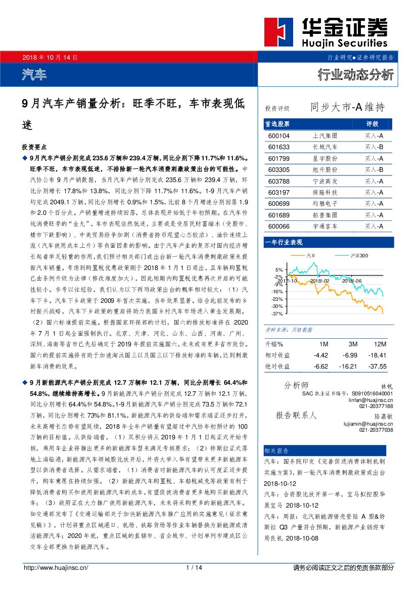 华金证券：9月汽车产销量分析：旺季不旺，车市表现低迷