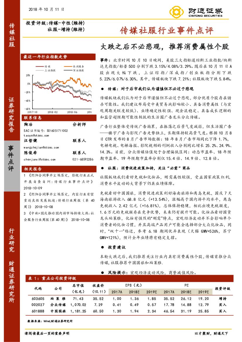 财通证券：传媒社服行业事件点评：大跌之后不必悲观，推荐消费属性个股