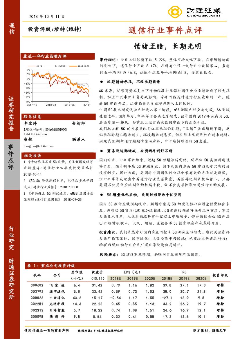 财通证券：通信行业事件点评：情绪至暗，长期光明