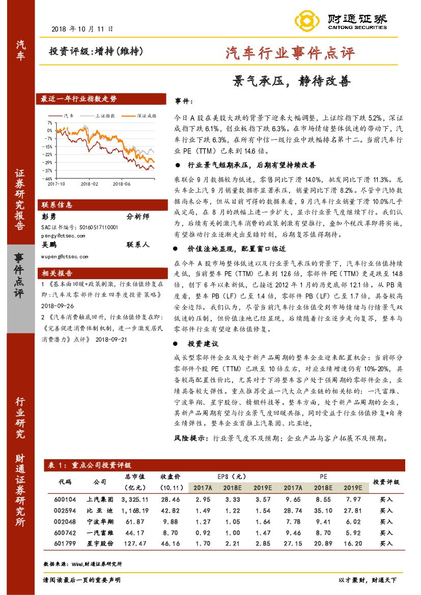 财通证券：汽车行业事件点评：景气承压，静待改善