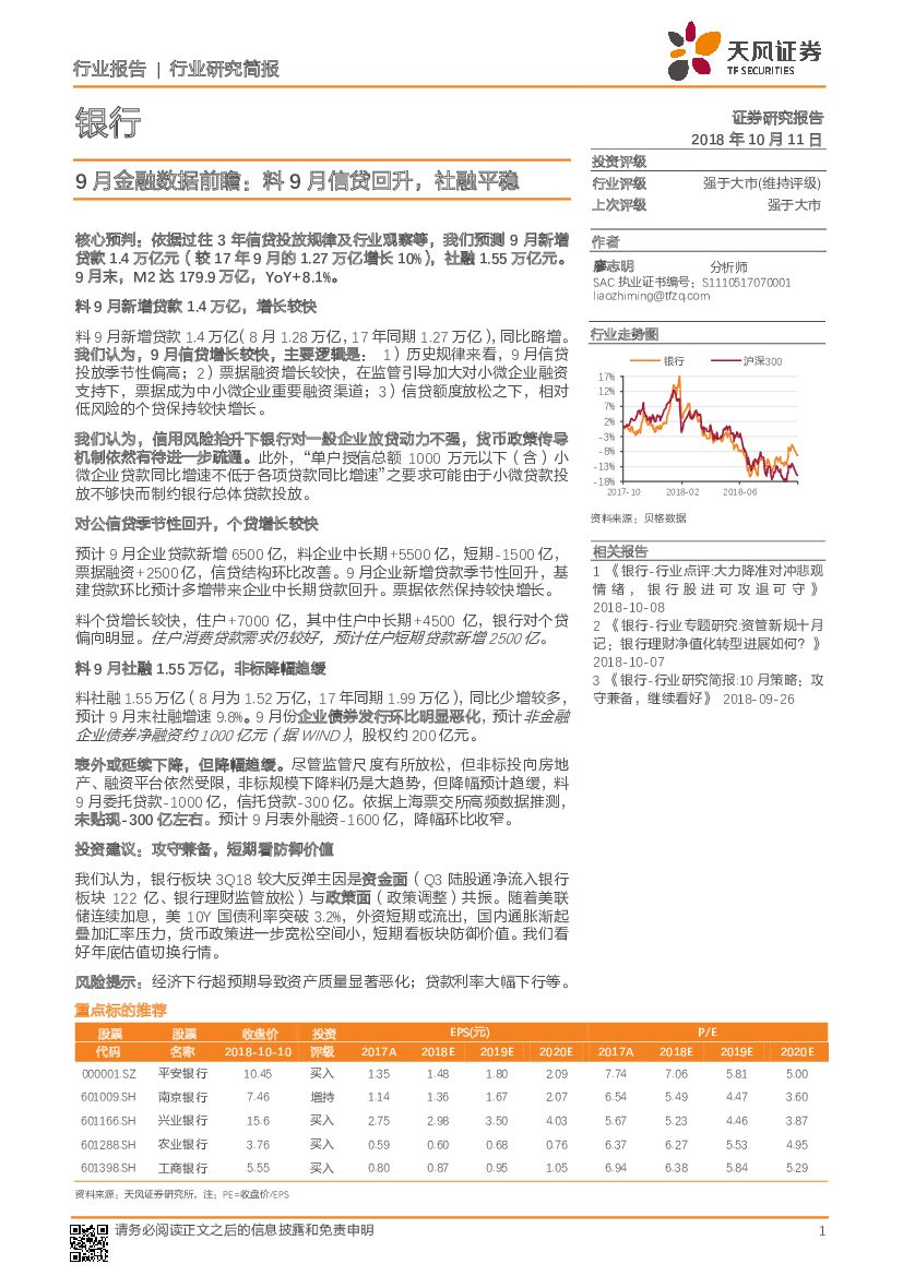 天风证券：银行行业研究简报：9月金融数据前瞻：料9月信贷回升，社融平稳