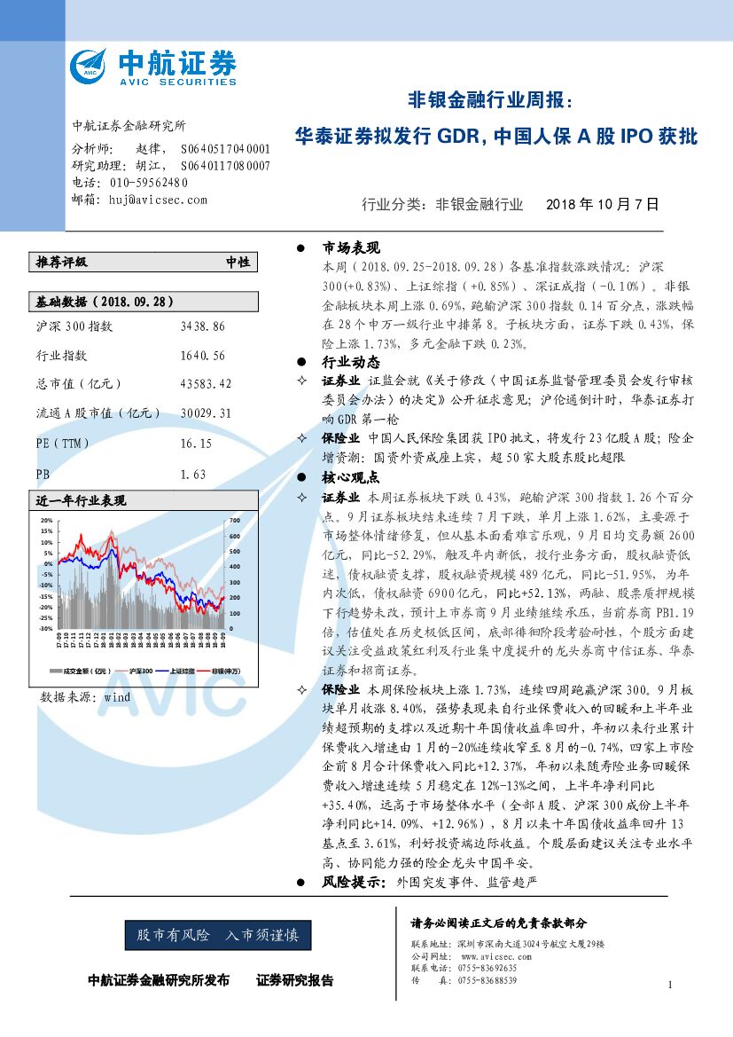 中航证券：非银金融行业周报：华泰证券拟发行GDR，中国人保A股IPO获批