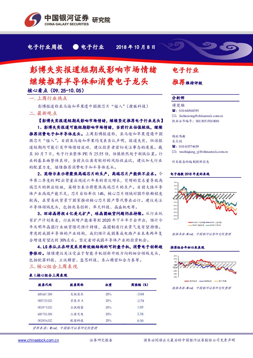 中国银河：电子行业周报：彭博失实报道短期或影响市场情绪继续推荐半导体和消费电子龙头