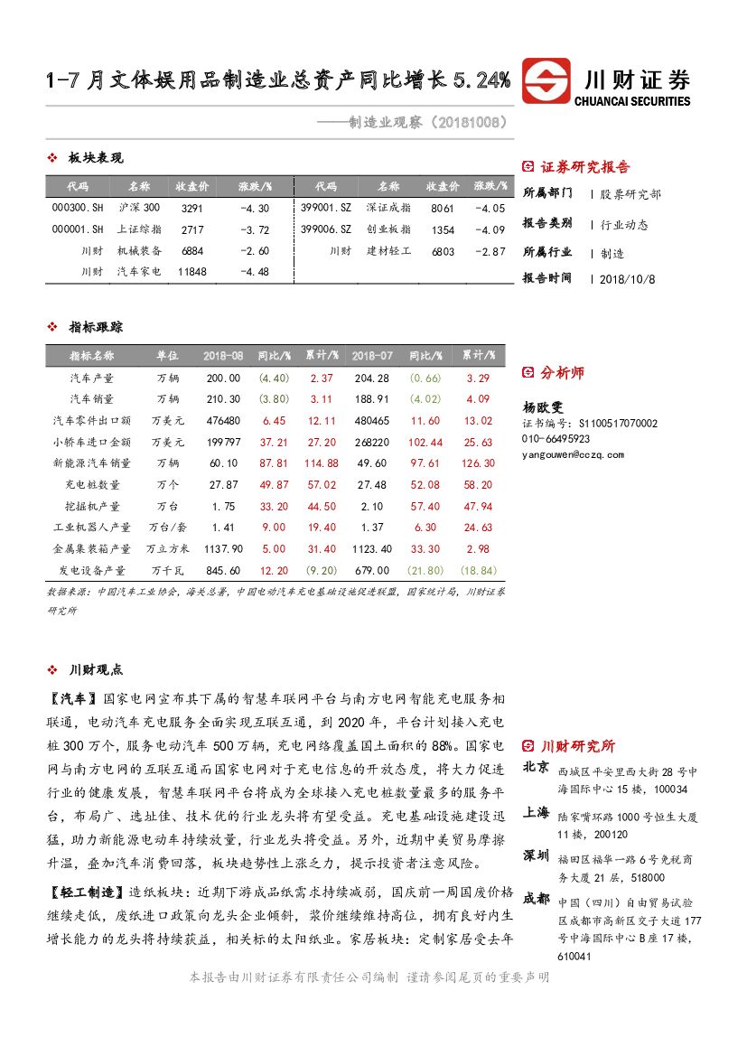 川财证券：制造业观察：1-7月文体娱用品制造业总资产同比增长5.24%
