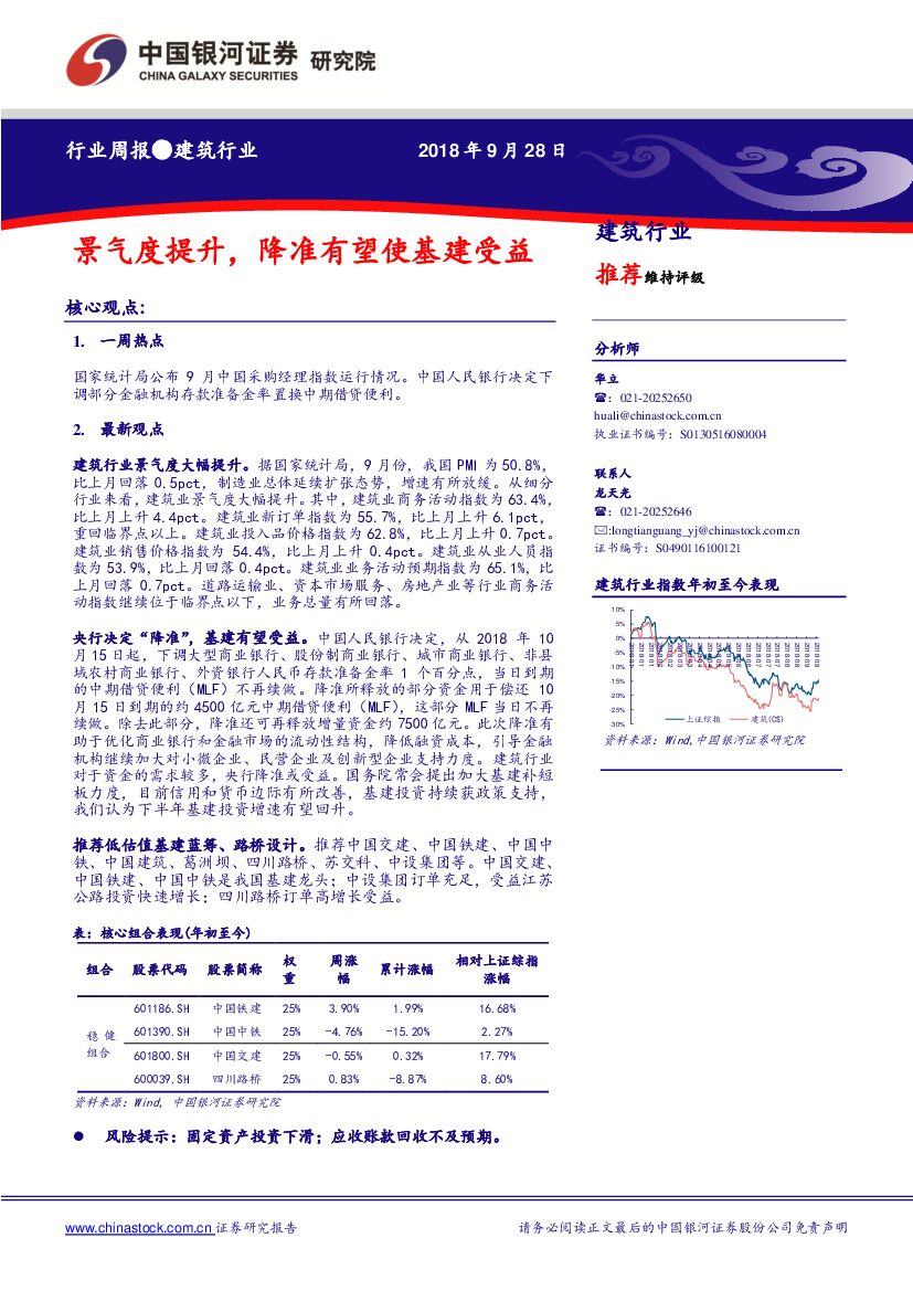 中国银河：建筑行业周报：景气度提升，降准有望使基建受益