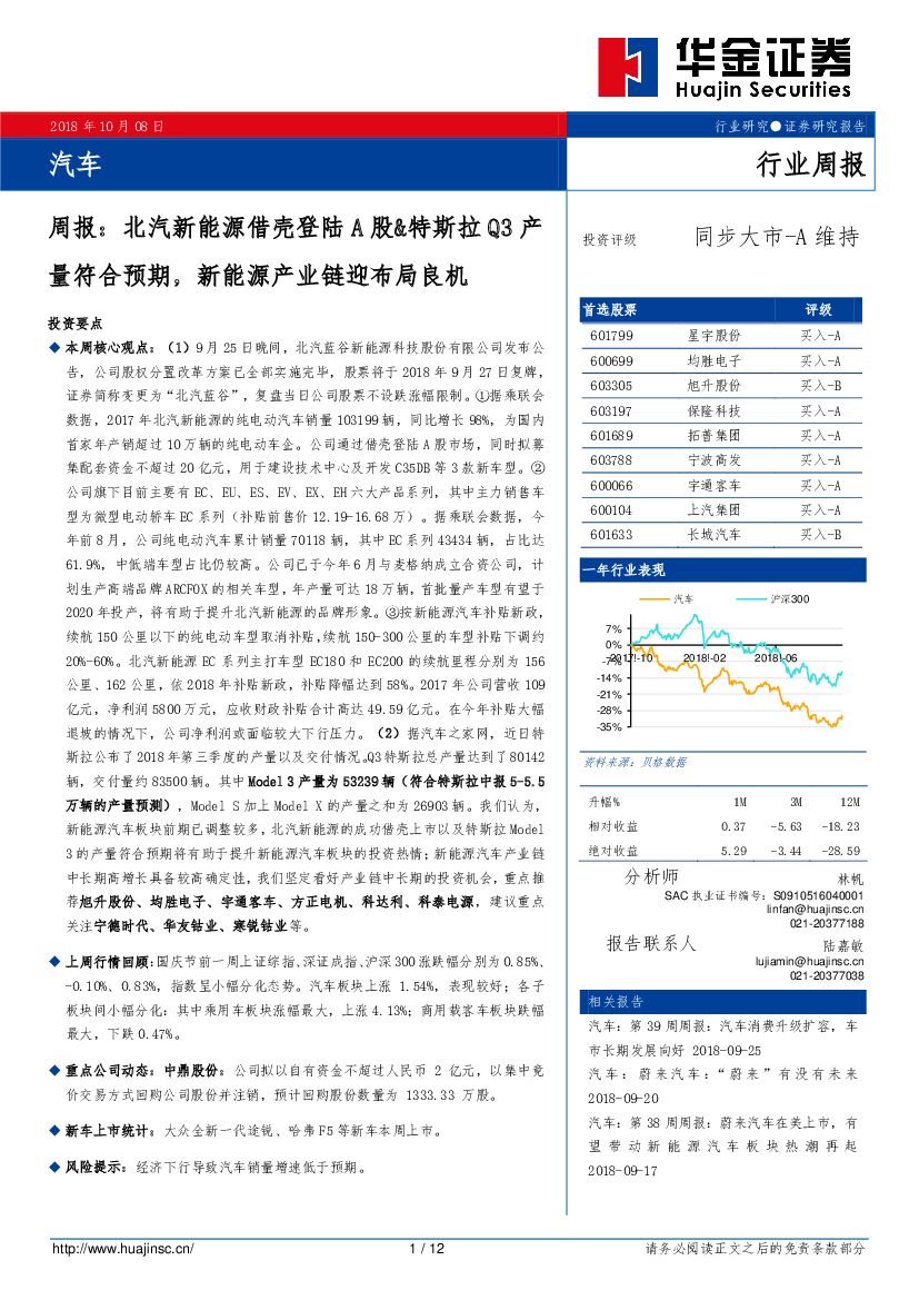 华金证券：汽车周报：北汽新能源借壳登陆A股&特斯拉Q3产量符合预期，新能源产业链迎布局良机