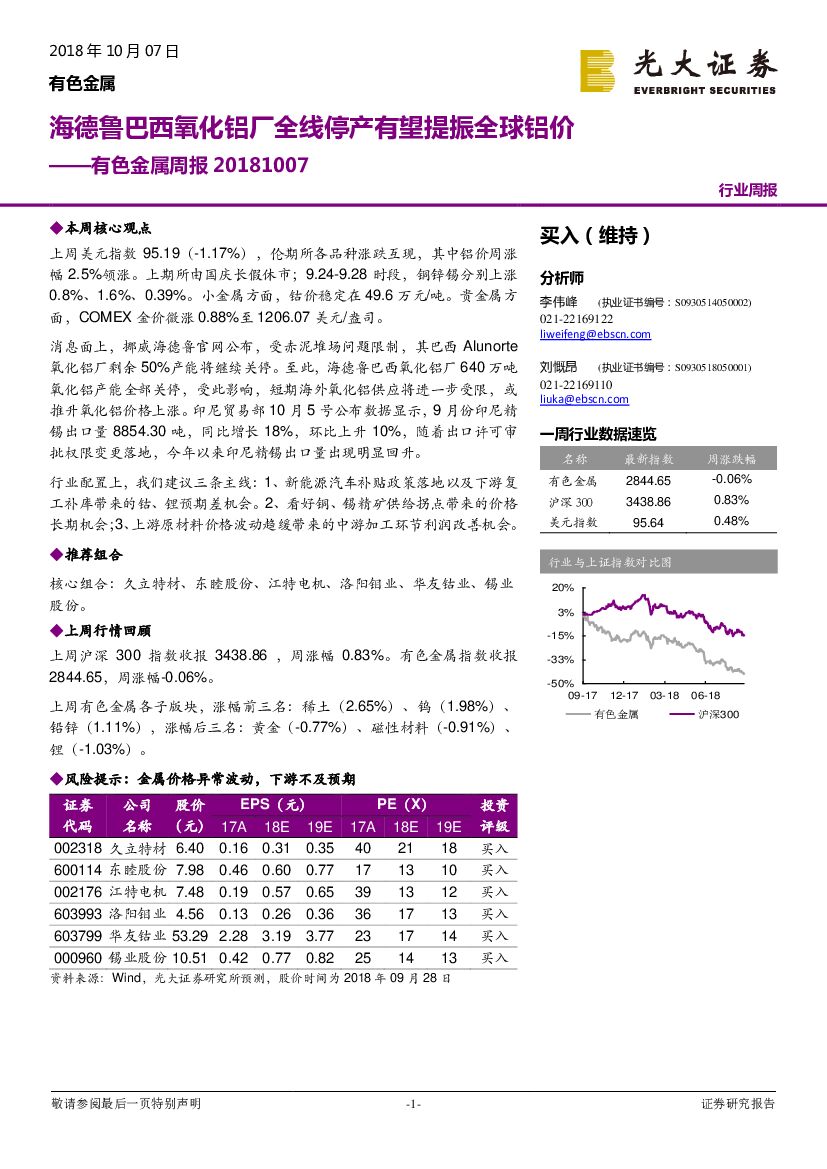 光大证券：有色金属周报：海德鲁巴西氧化铝厂全线停产有望提振全球铝价