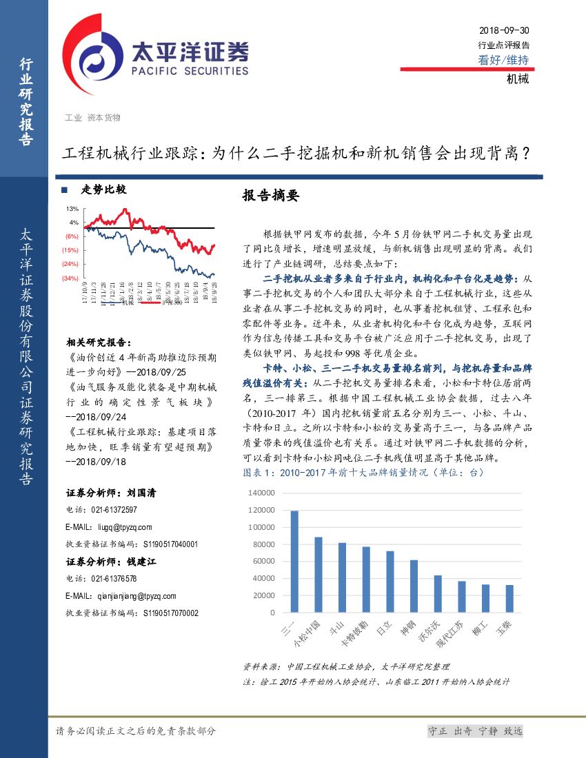 太平洋证券：工程机械行业跟踪：为什么二手挖掘机和新机销售会出现背离？