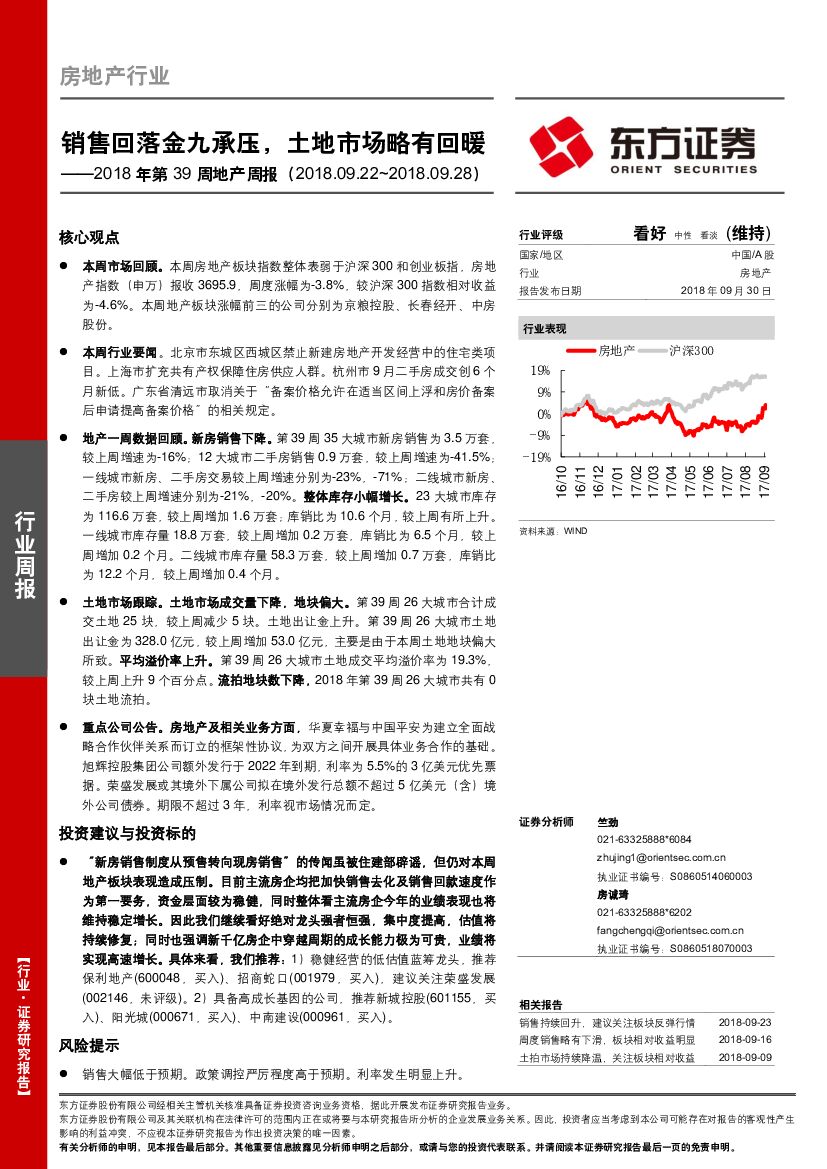 东方证券：2018年第39周地产周报：销售回落金九承压，土地市场略有回暖