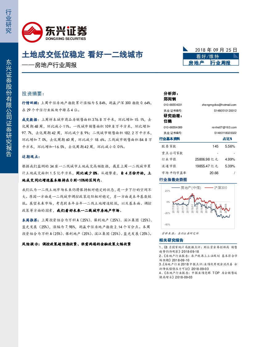 东兴证券：房地产行业周报：土地成交低位稳定  看好一二线城市