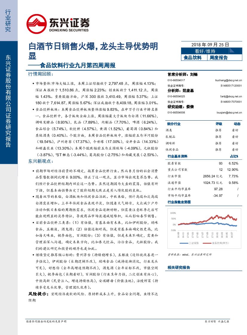 东兴证券：食品饮料行业九月第四周周报：白酒节日销售火爆，龙头主导优势明显