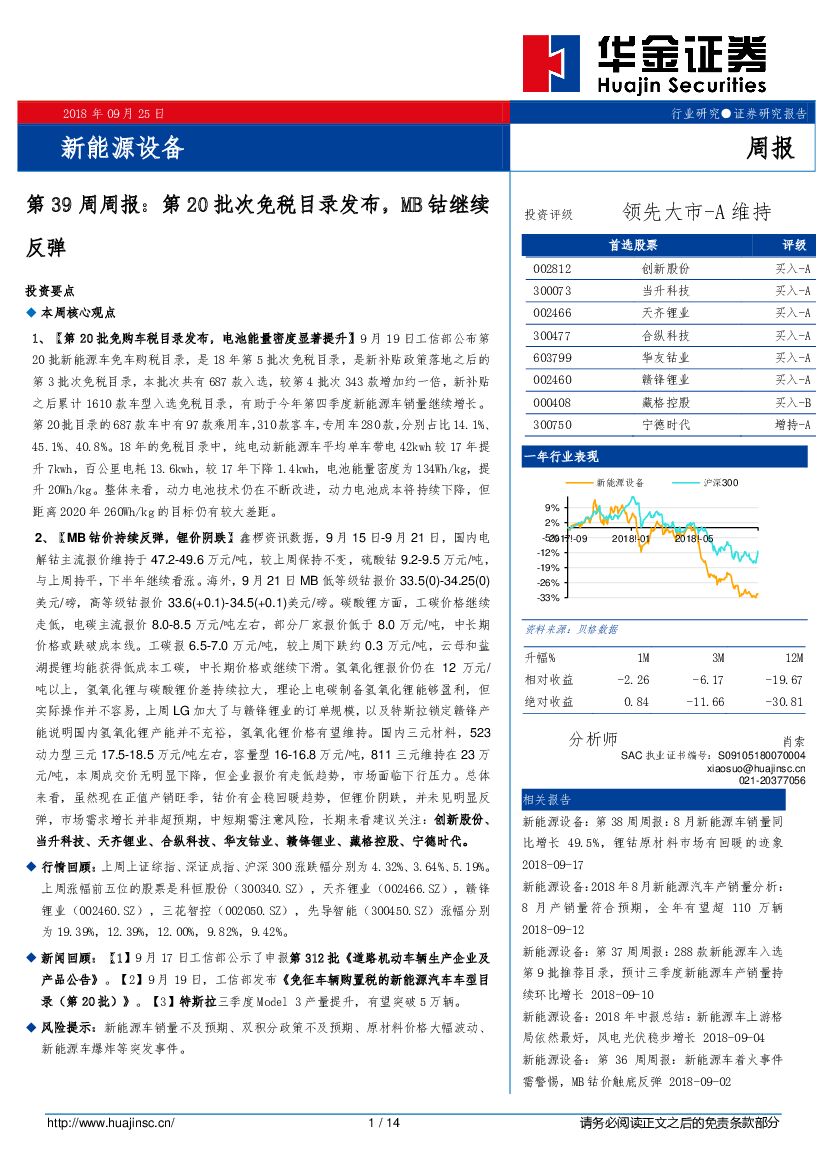 华金证券：新<em>能源</em>设备第39周周报：第20批次免税目录发布，MB钴继续反弹 海报