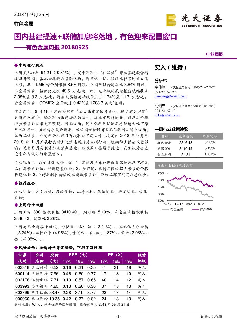 光大证券：有色金属周报：国内基建提速+联储加息将落地，有色迎来配置窗口