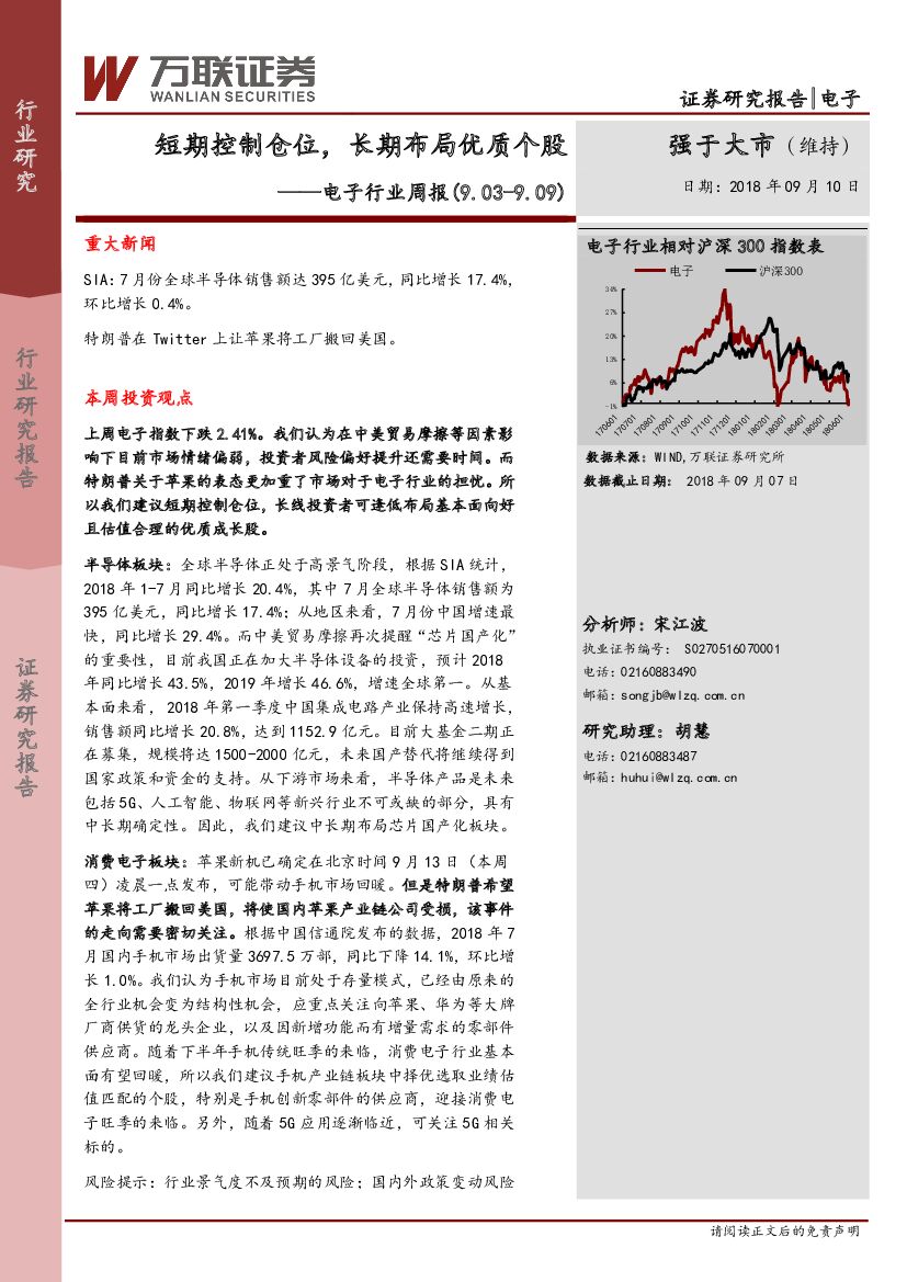 万联证券：电子行业周报：短期控制仓位，长期布局优质个股