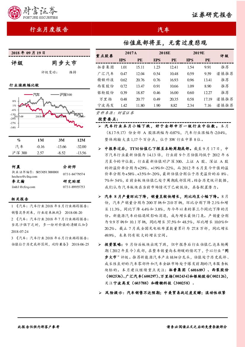 财富证券：汽车行业月度报告：估值底部将至，无需过度悲观