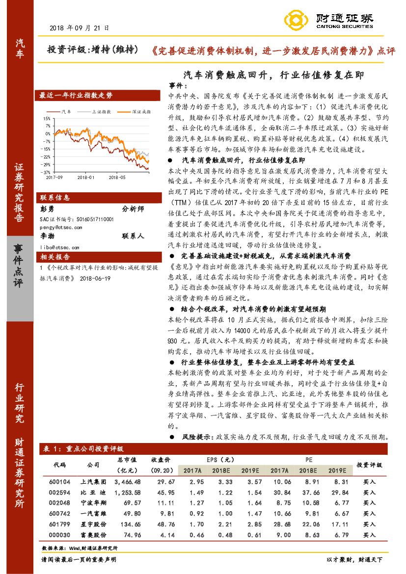 财通证券：汽车事件点评：《完善促进消费体制机制，进一步激发居民消费潜力》点评：汽车消费触底回升，行业估值修复在即