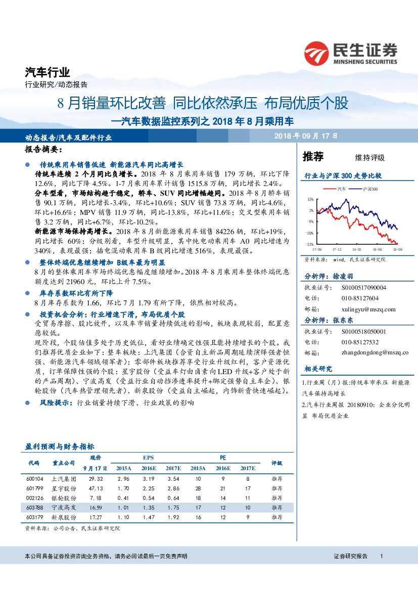 民生证券：汽车数据监控系列之2018年8月乘用车：8月销量环比改善同比依然承压布局优质个股