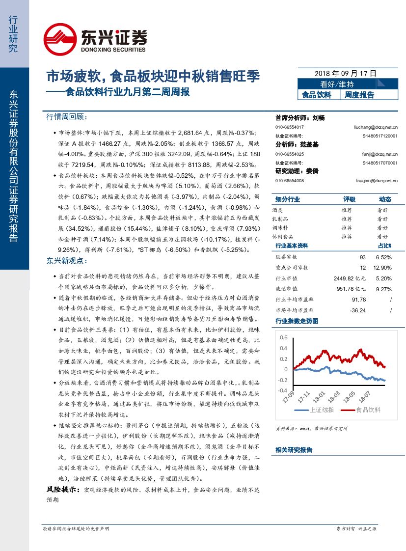 东兴证券：食品饮料行业九月第二周周报：市场疲软，食品板块迎中秋销售旺季
