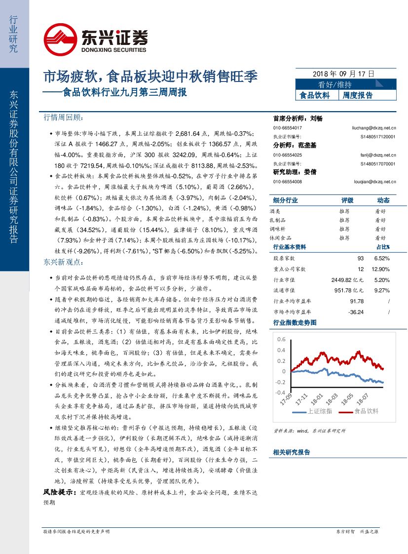 东兴证券：食品饮料行业九月第三周周报：市场疲软，食品板块迎中秋销售旺季