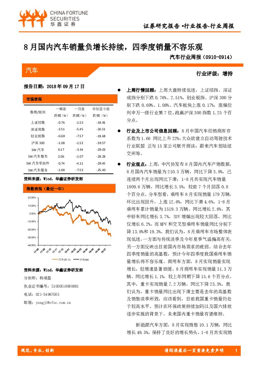 华鑫证券：汽车行业周报：8月国内汽车销量负增长持续，四季度销量不容乐观