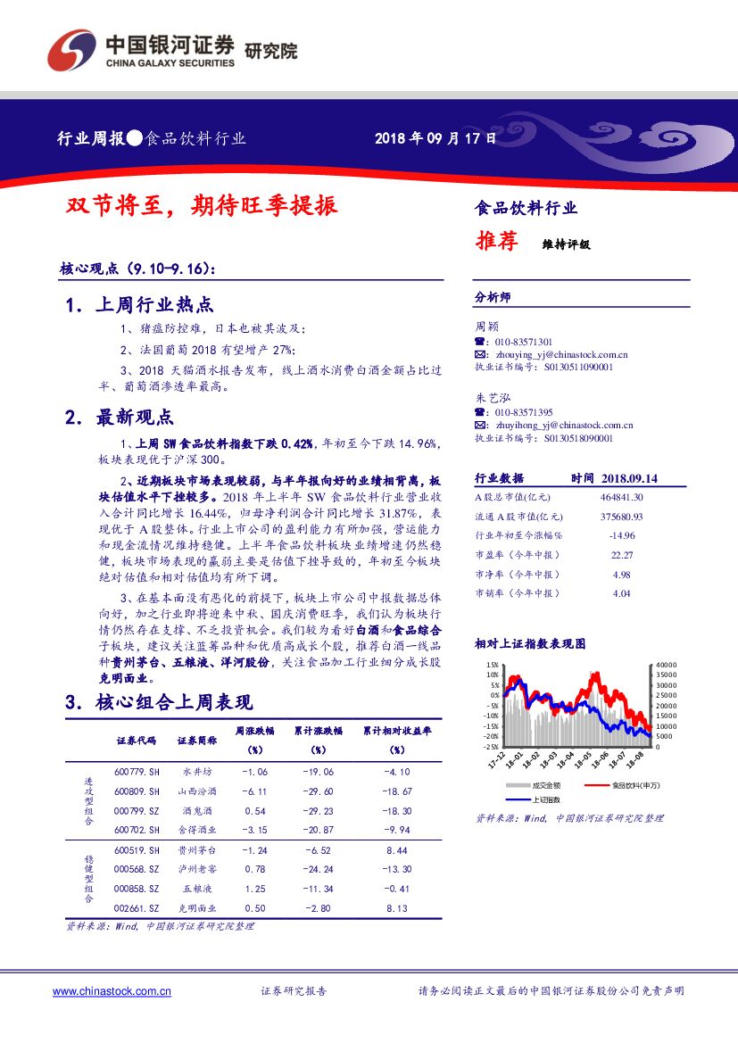 中国银河：食品饮料行业周观点：双节将至，期待旺季提振