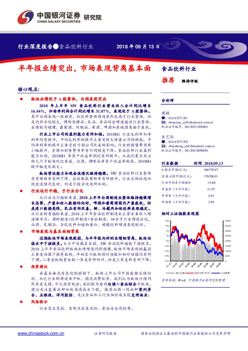 中国银河：食品饮料行业深度报告：半年报业绩突出，市场表现背离基本面