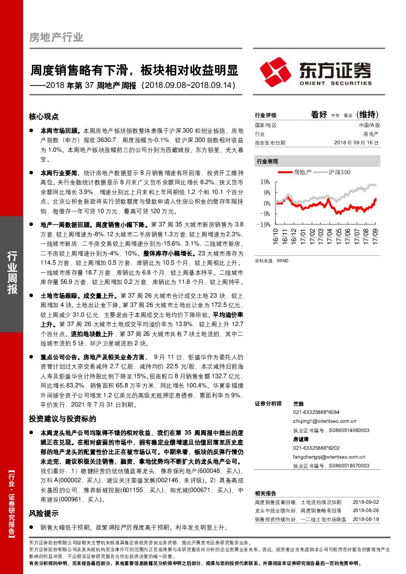东方证券：2018年第37周地产周报：周度销售略有下滑，板块相对收益明显