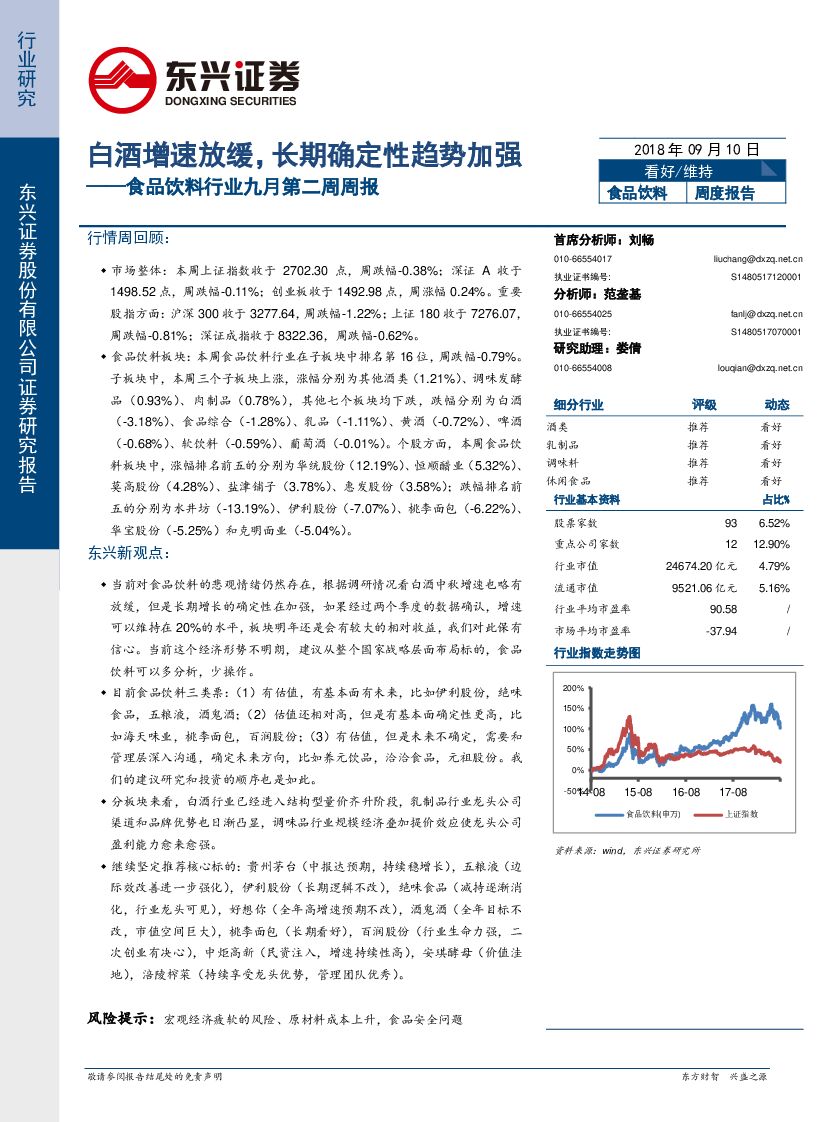 东兴证券：食品饮料行业九月第二周周报：白酒增速放缓，长期确定性趋势加强
