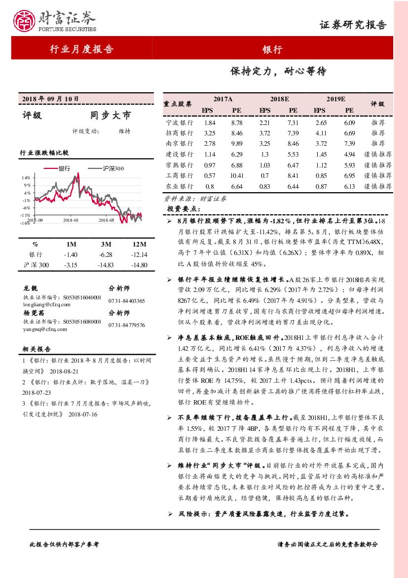 财富证券：银行行业月度报告：保持定力，耐心等待