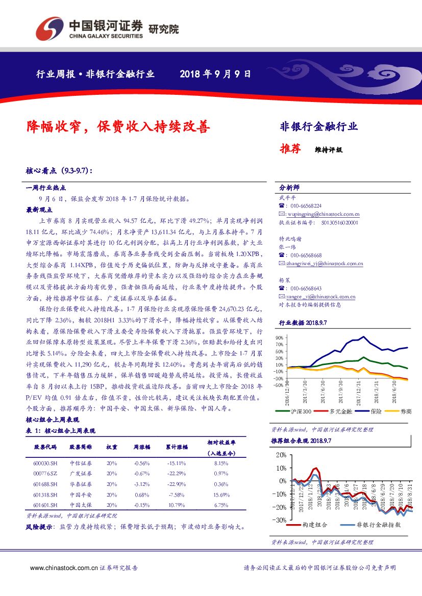 中国银河：非银行金融行业周报：降幅收窄，保费收入持续改善