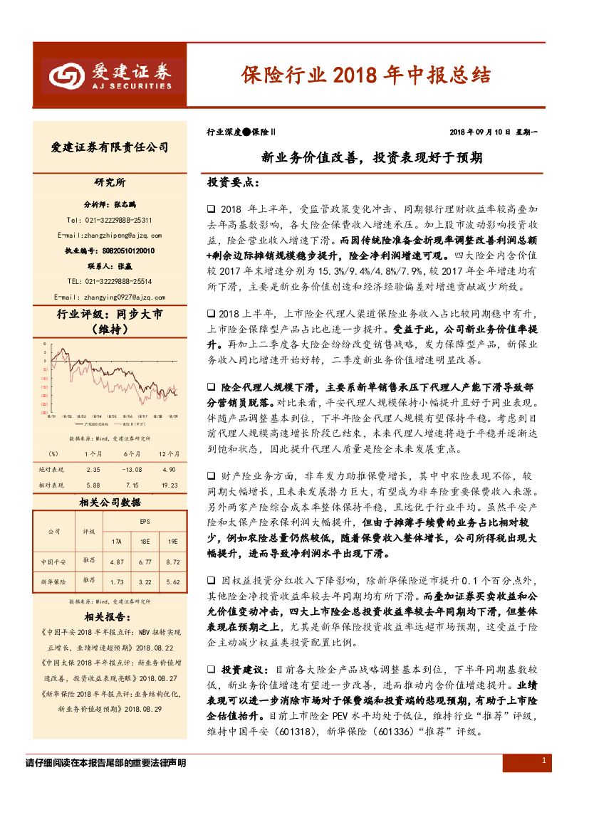 爱建证券：保险行业2018年中报总结：新业务价值改善，投资表现好于预期