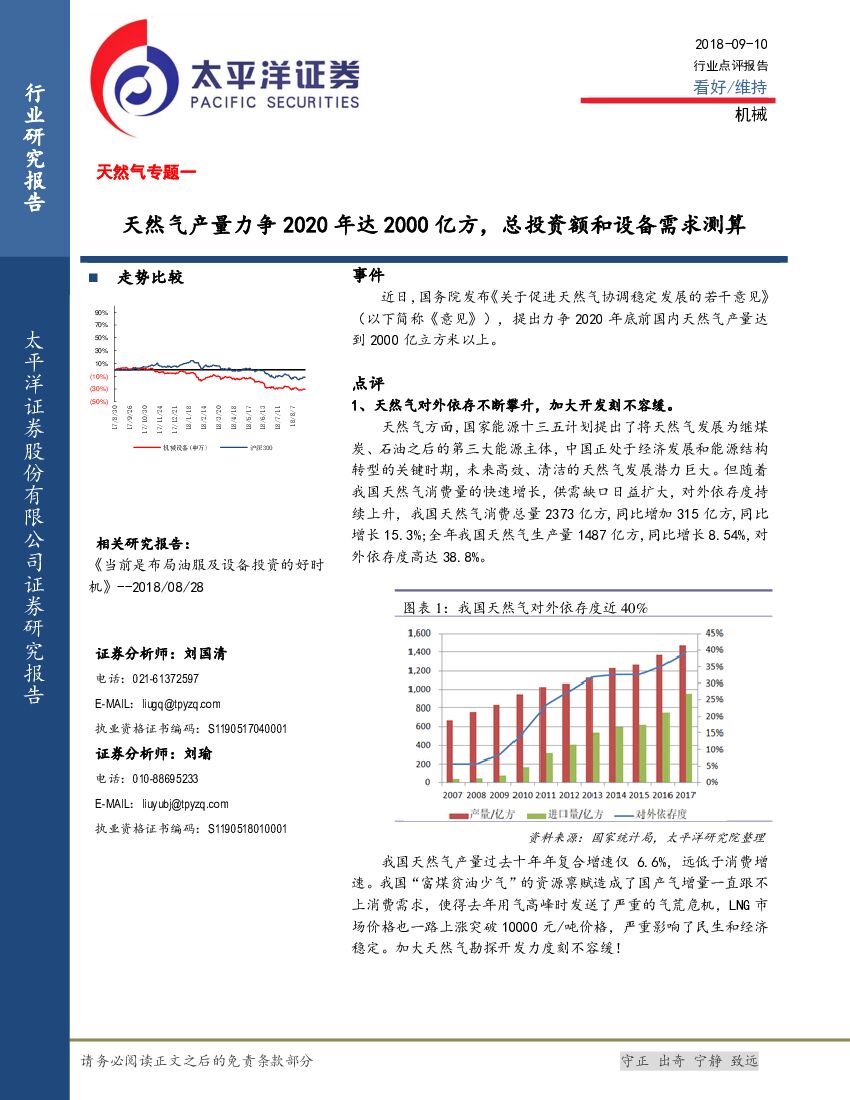太平洋证券：天然气专题行业点评报告：天然气产量力争2020年达2000亿方，总投资额和设备需求测算
