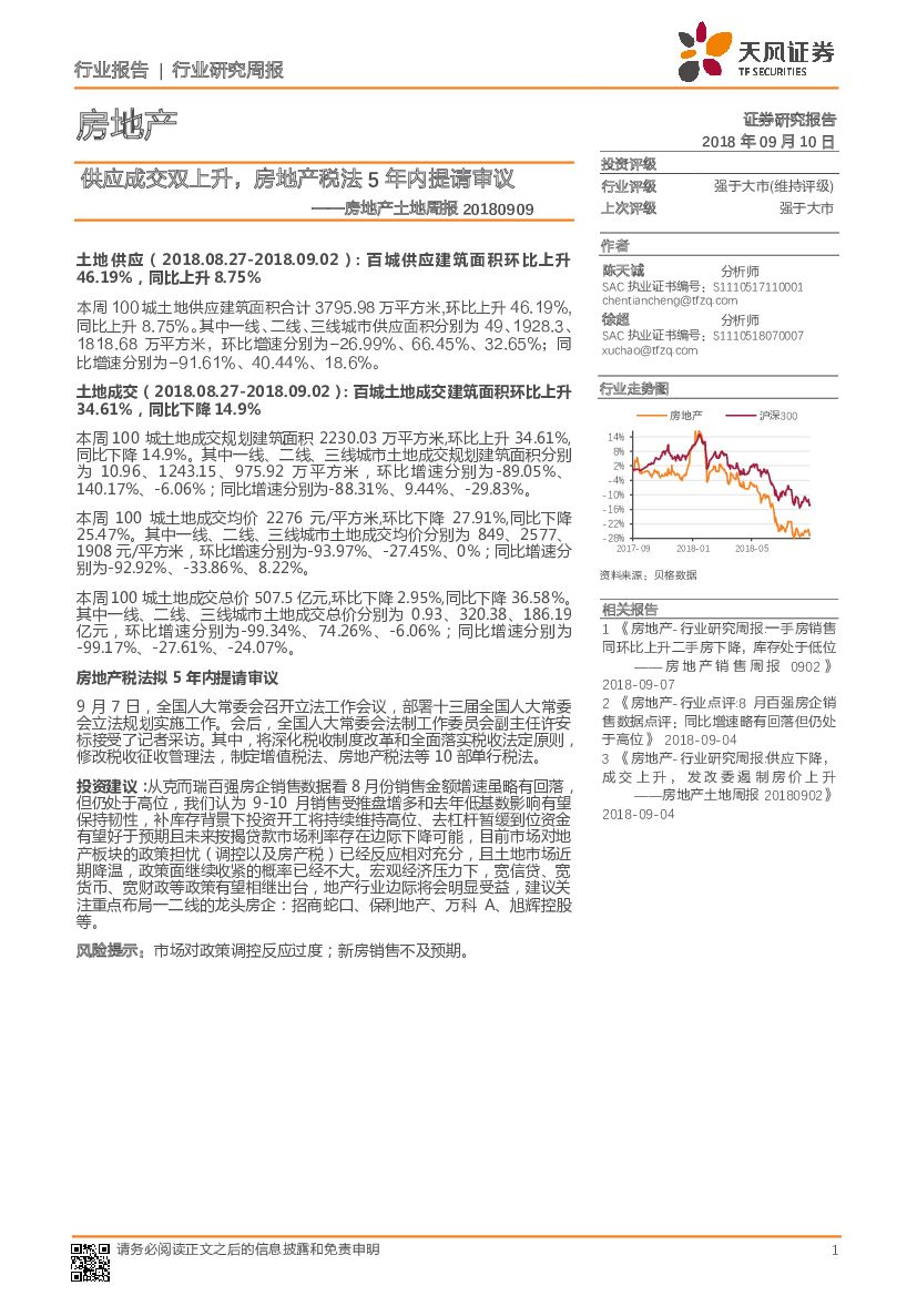 天风证券：房地产土地周报：供应成交双上升，房地产税法5年内提请审议