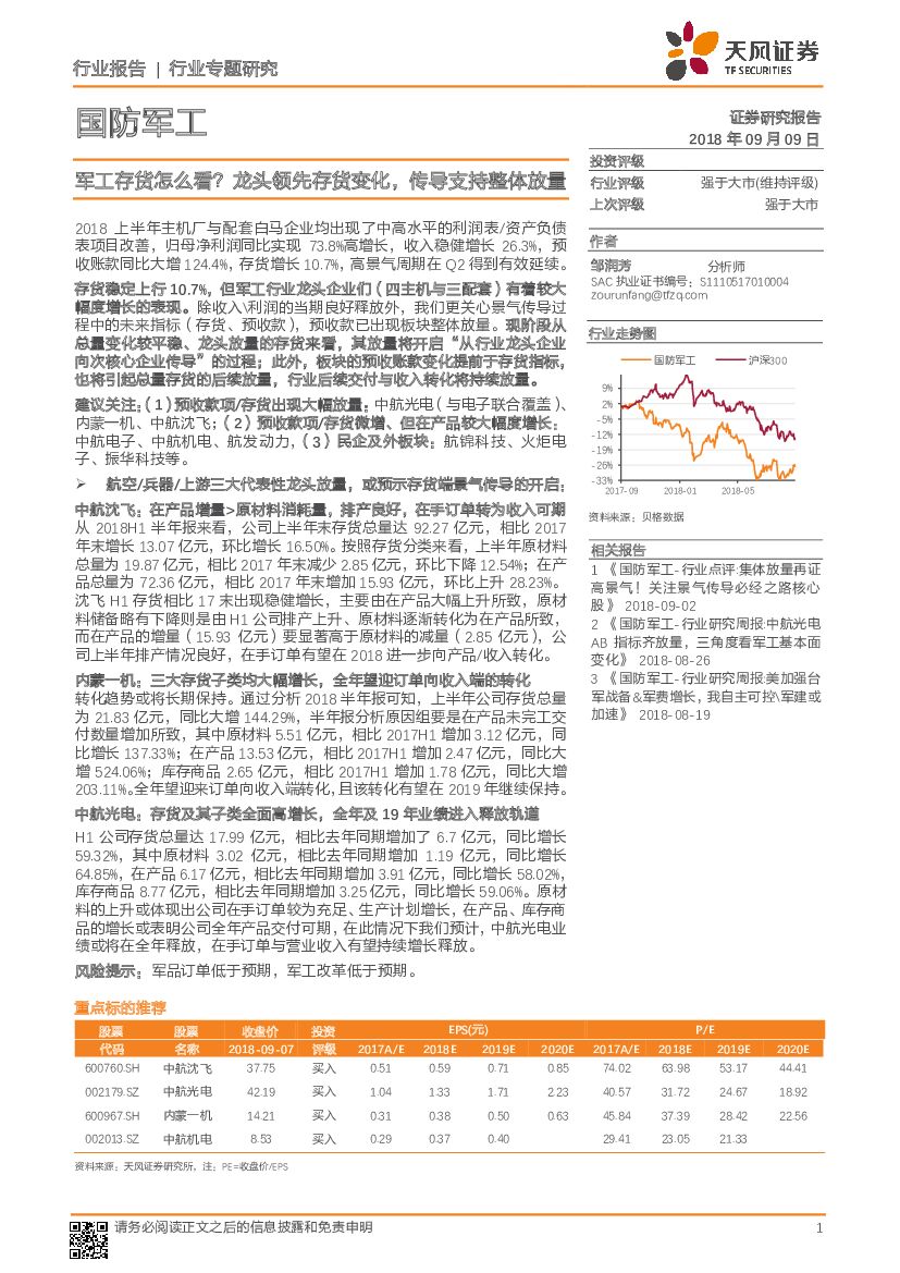 天风证券：国防军工行业专题研究：军工存货怎么看？ 龙头领先存货变化，传导支持整体放量