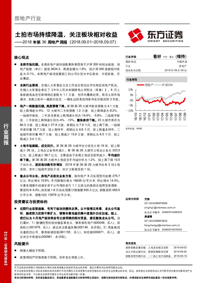 东方证券：房地产行业2018年第36周地产周报：土拍市场持续降温，关注板块相对收益