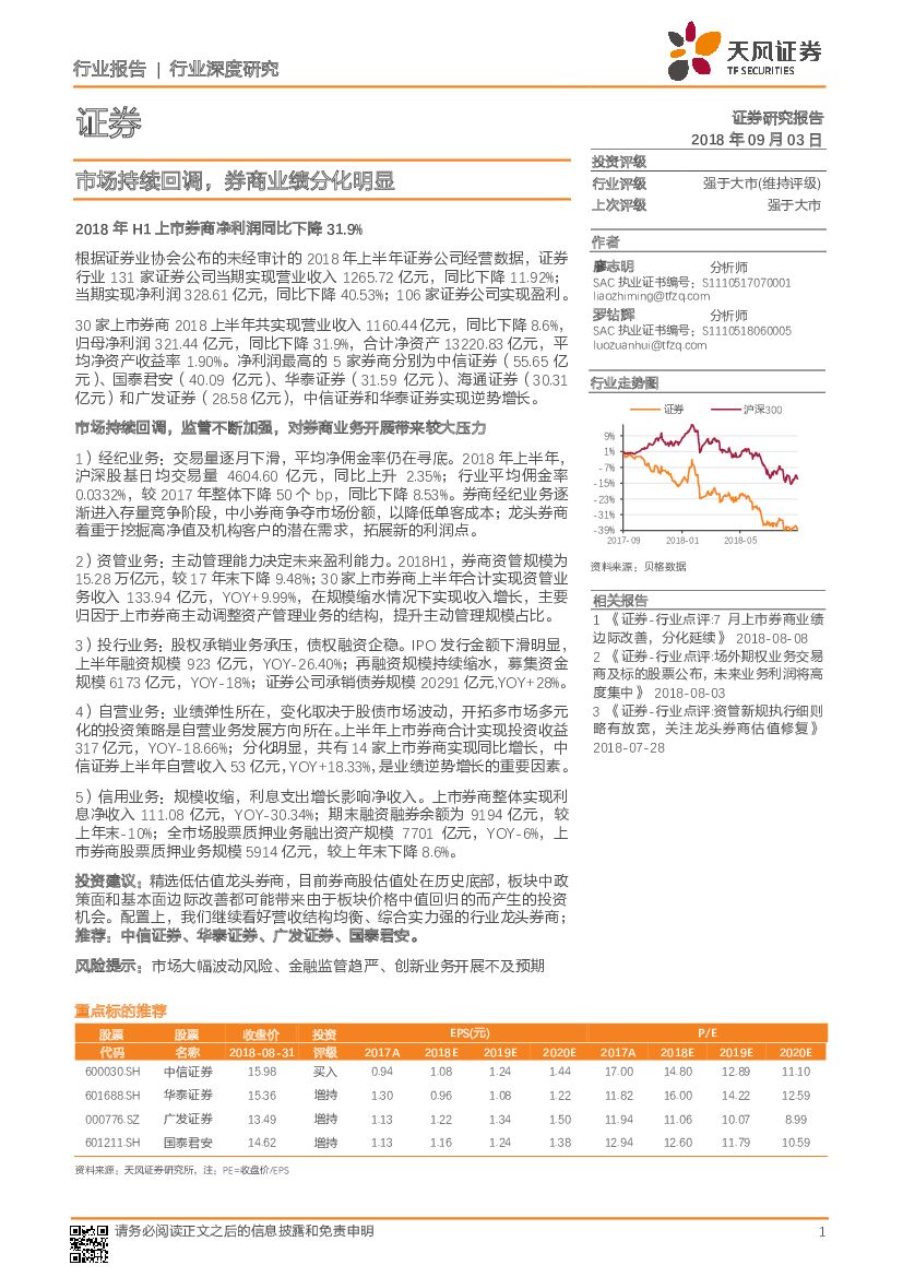 天风证券：证券行业深度研究：市场持续回调，券商业绩分化明显