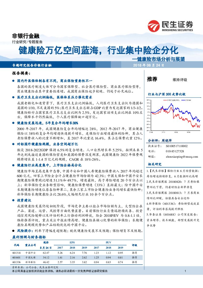 民生证券：健康险市场分析与展望：健康险万亿空间蓝海， 行业集中险企分化