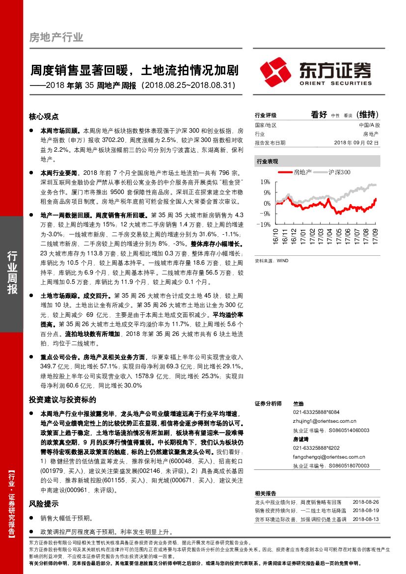 东方证券：房地产行业2018年第35周地产周报：周度销售显著回暖，土地流拍情况加剧