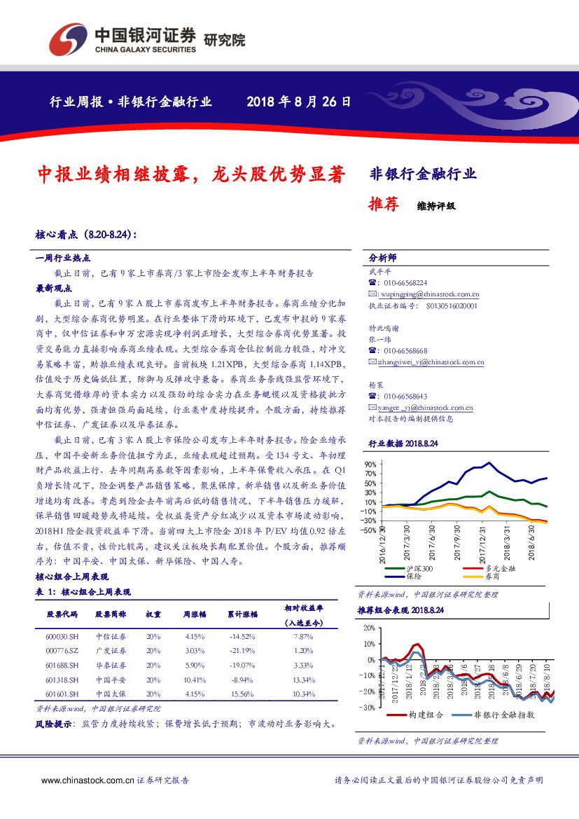 中国银河：非银行金融行业：中报业绩相继披露，龙头股优势显著