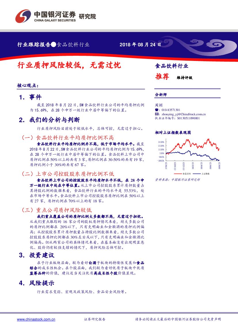 中国银河：食品饮料行业跟踪报告：行业质押风险较低，无需过忧