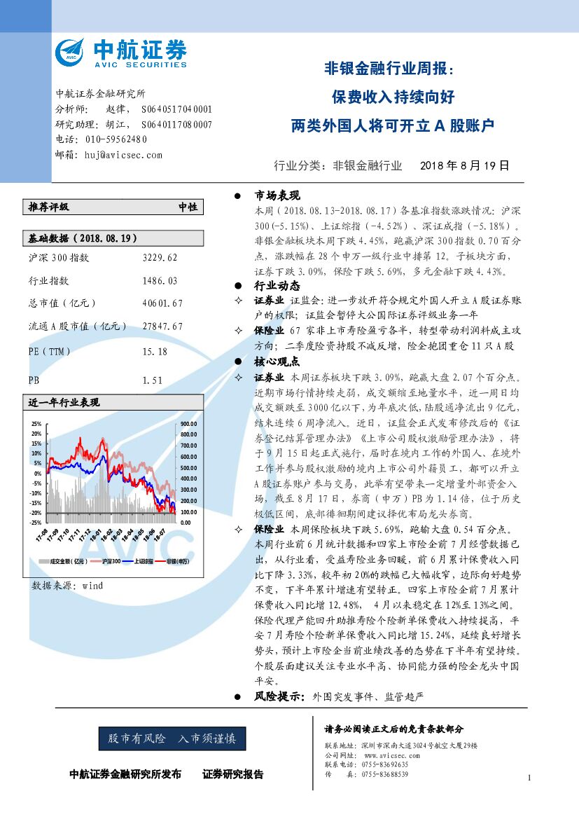 中航证券：非银金融行业周报：保费收入持续向好 两类外国人将可开立A股账户