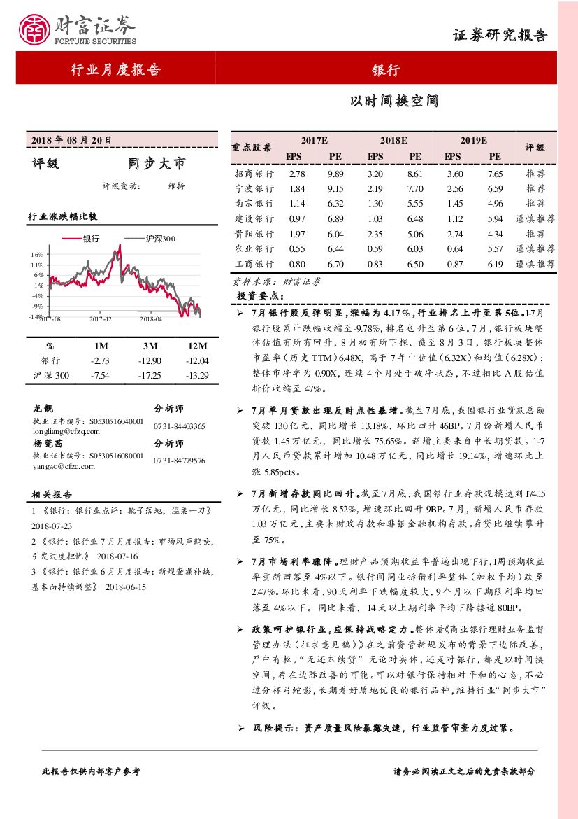 财富证券：银行行业月度报告：以时间换空间