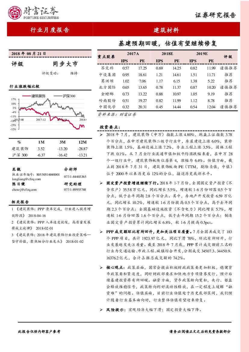 财富证券：建筑材料行业月度报告：基建预期回暖，估值有望继续修复