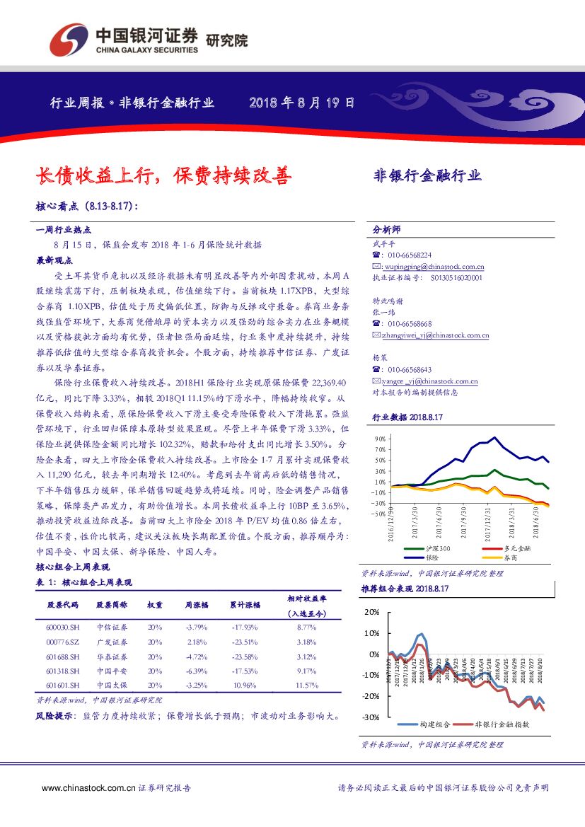 中国银河：非银行金融行业周报：长债收益上行，保费持续改善