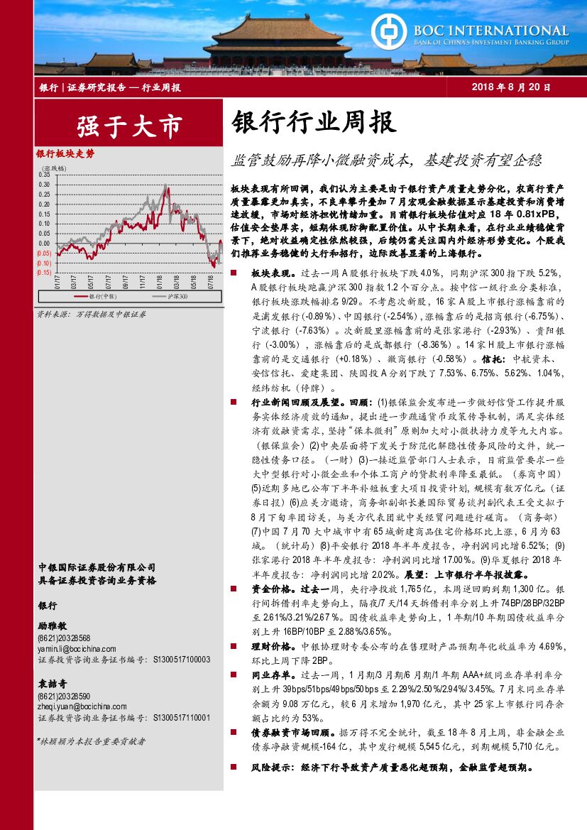 中银国际：银行行业周报：监管鼓励再降小微融资成本，基建投资有望企稳