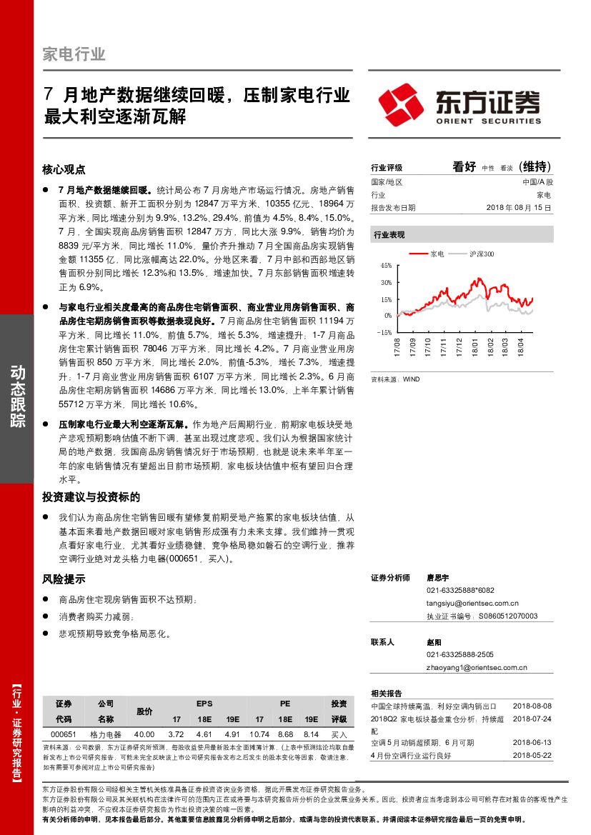 东方证券：家电行业动态跟踪：7月地产数据继续回暖，压制家电行业最大利空逐渐瓦解