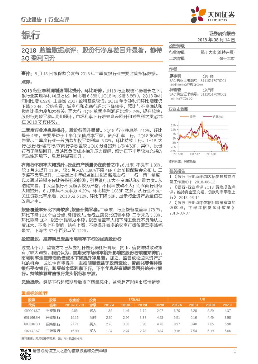 天风证券：银行行业点评：2Q18监管数据点评：股份行净息差回升显著，静待3Q盈利回升