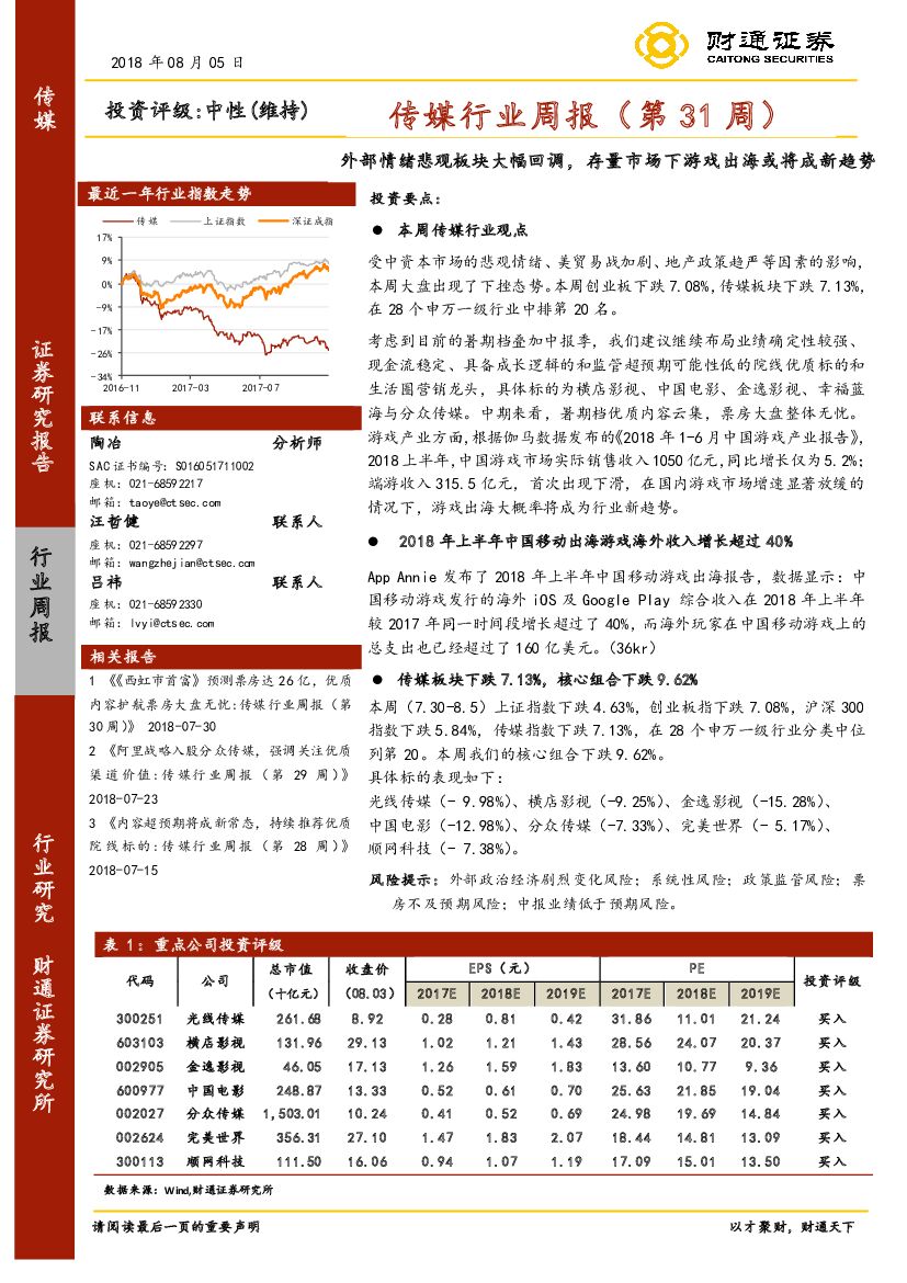 财通证券：传媒行业周报（第31周）：外部情绪悲观板块大幅回调，存量市场下游戏出海或将成新趋势